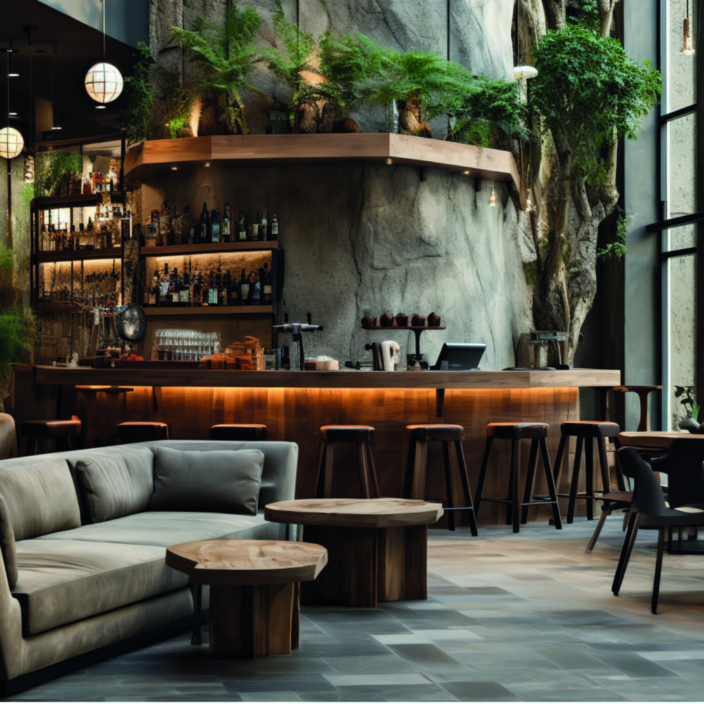Intérieur d’un café élégant et chaleureux, vide de clients, illustrant un établissement en difficulté malgré un cadre soigné