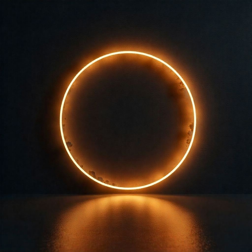Cercle lumineux doré sur fond sombre, symbole d’unité, vision globale et excellence stratégique.