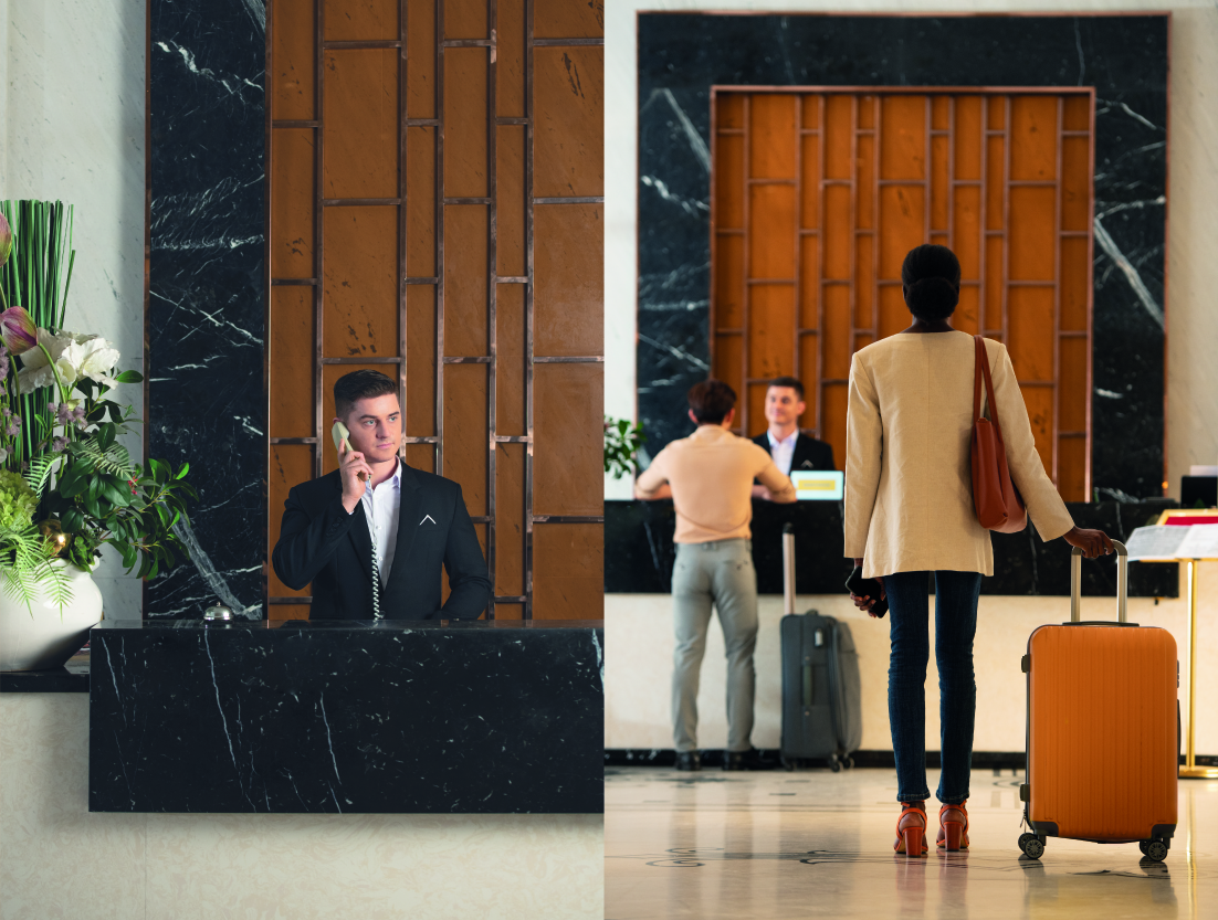 Réception d’hôtel passant de calme à animée, illustration de la progression du nombre de clients et de la performance d’un établissement CHR.