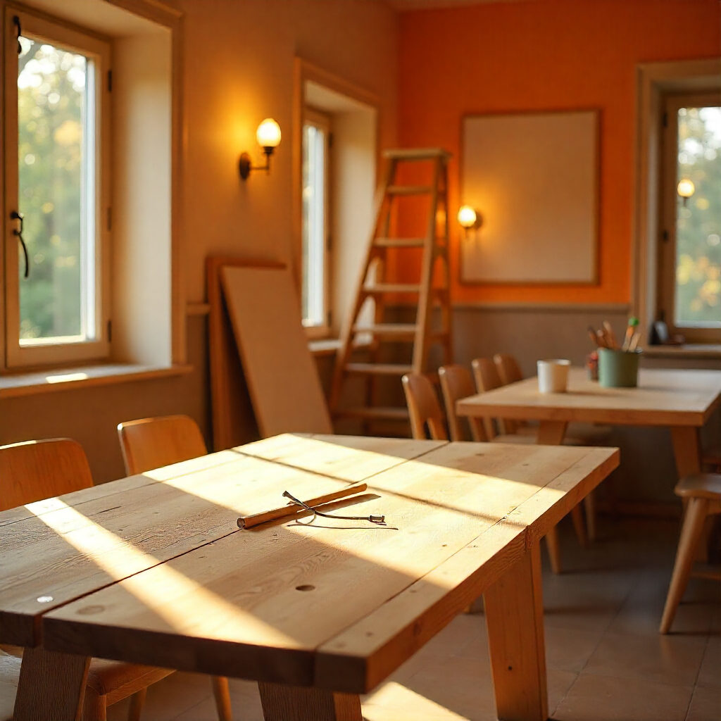 Intérieur de restaurant en cours d’aménagement, tables et chaises en bois, outils de rénovation et ambiance lumineuse suggérant le lancement d’un projet CHR.