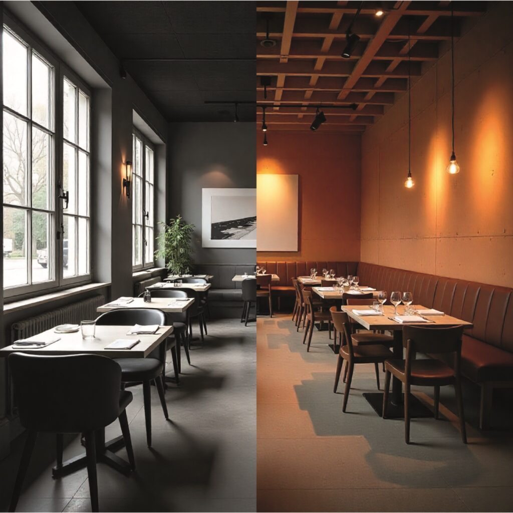 Montage photo d’un restaurant : à gauche, une salle terne ; à droite, un intérieur chaleureux et rénové, illustrant une transformation stratégique du concept