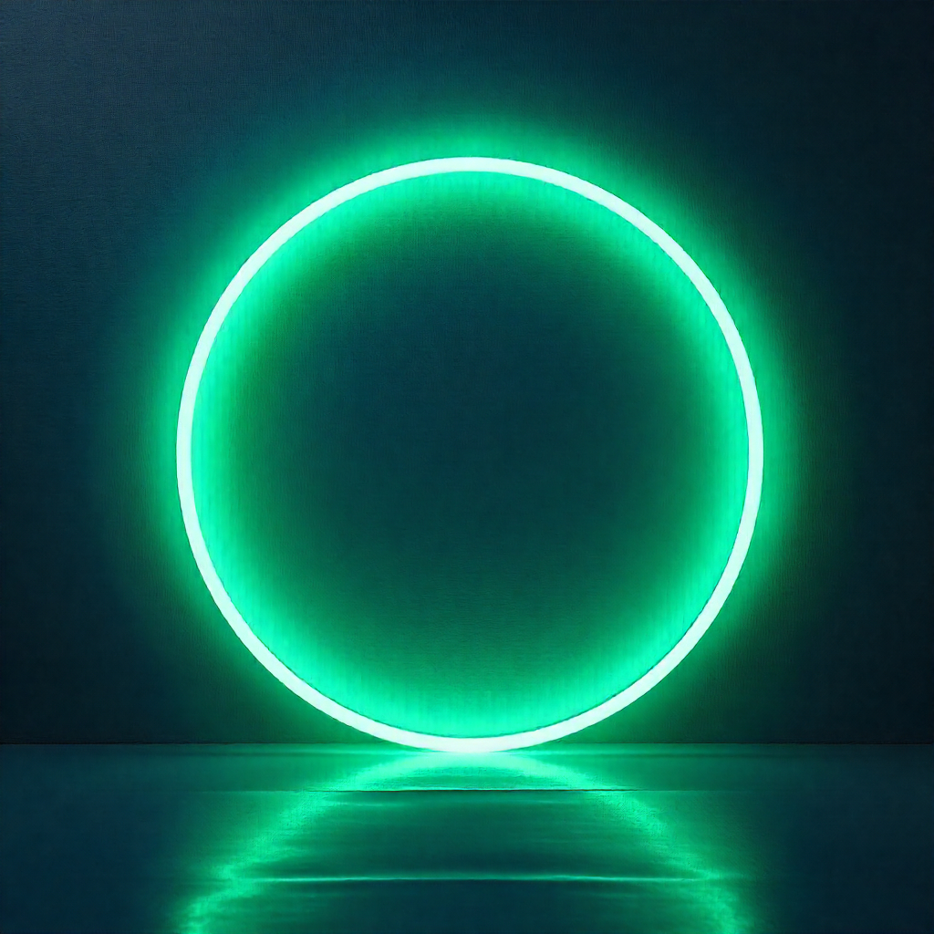 Cercle de néon vert émeraude sur fond sombre, illustrant une RSE premium, accessible et durable pour les TPE et PME.