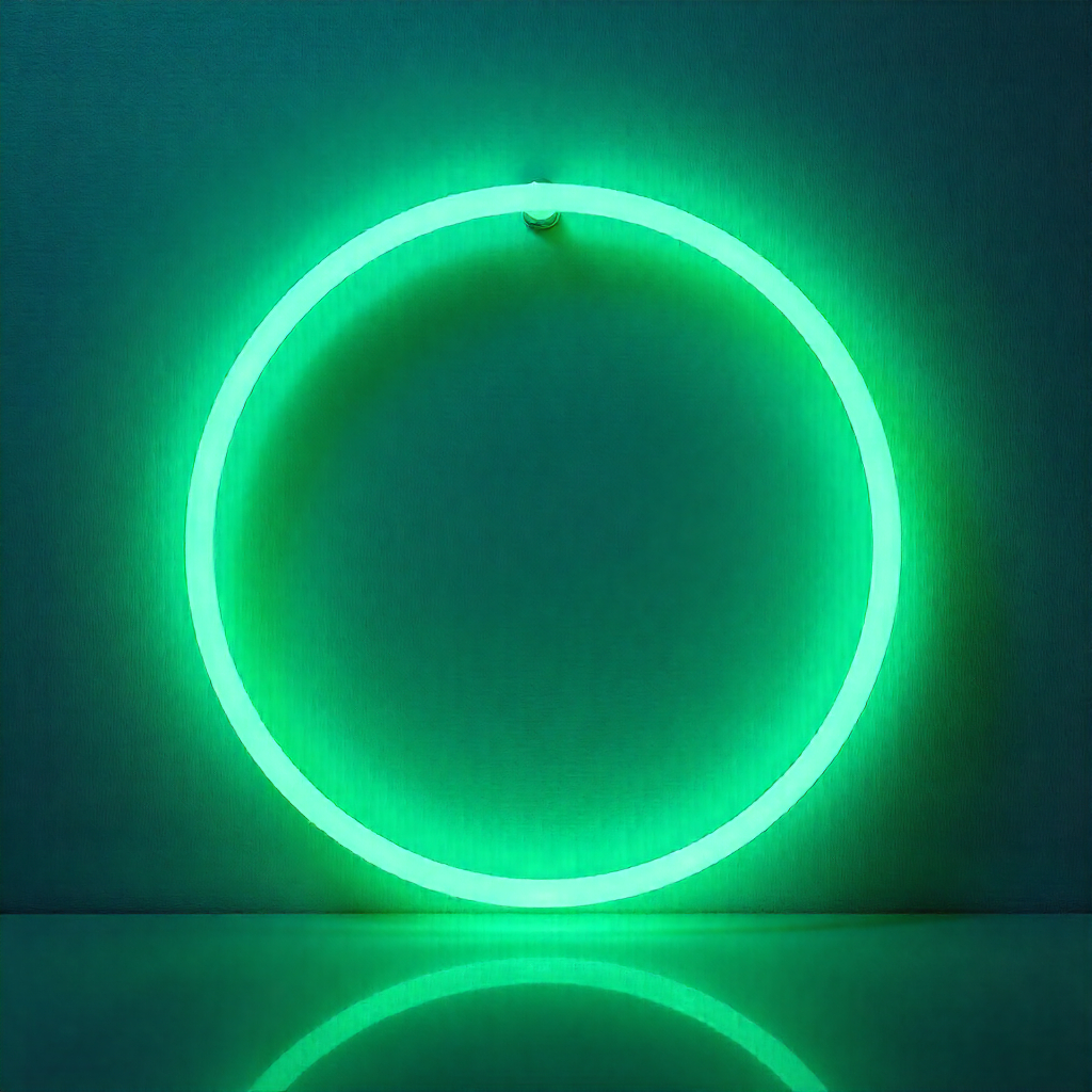 Illustration graphique d’un cercle de néon vert émeraude sur fond bleu, représentant la philosophie RSE : approche claire, accessible et guidée, symbole d’accompagnement structuré et d’engagement concret